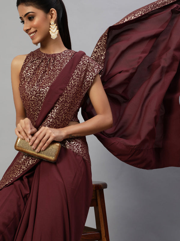 Women's Burgundy Foil Printed Saree With Blouse - Aks