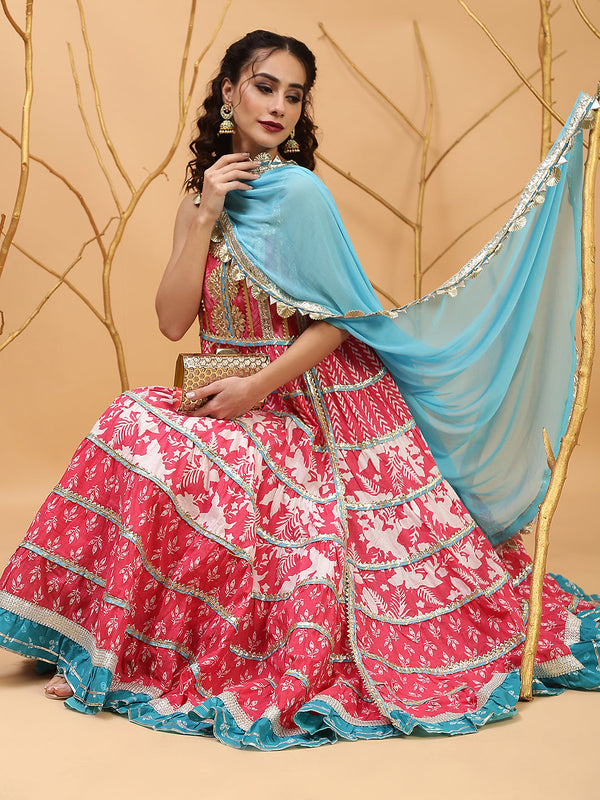 Women's Pink Printed Anarkali Sharara With Dupatta - Aks