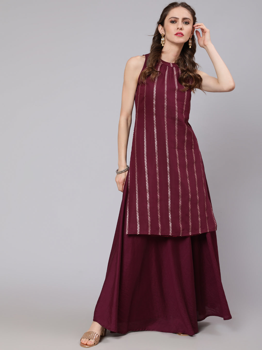 Women's Burgundy Woven Design Straight Kurta With Skirt Set - Aks