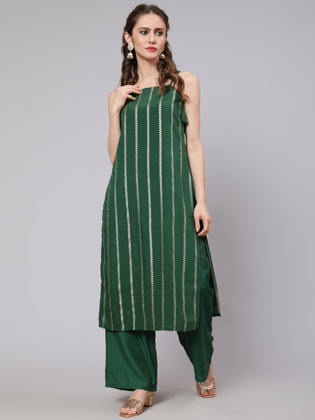 Women's Green Woven Design Straight Kurta With Palazzo Set - Aks