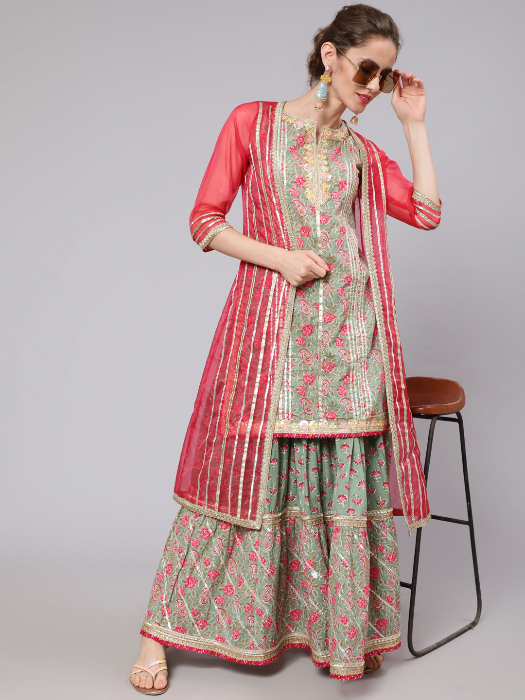 Women's Green & Pink Floral Printed Kurta & Skirt With Organza Jacket Set - Aks