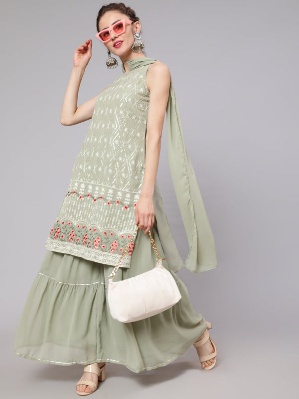 Women's Pastle Green Embroidered Straight Kurta & Sharara With Dupatta Set - Aks