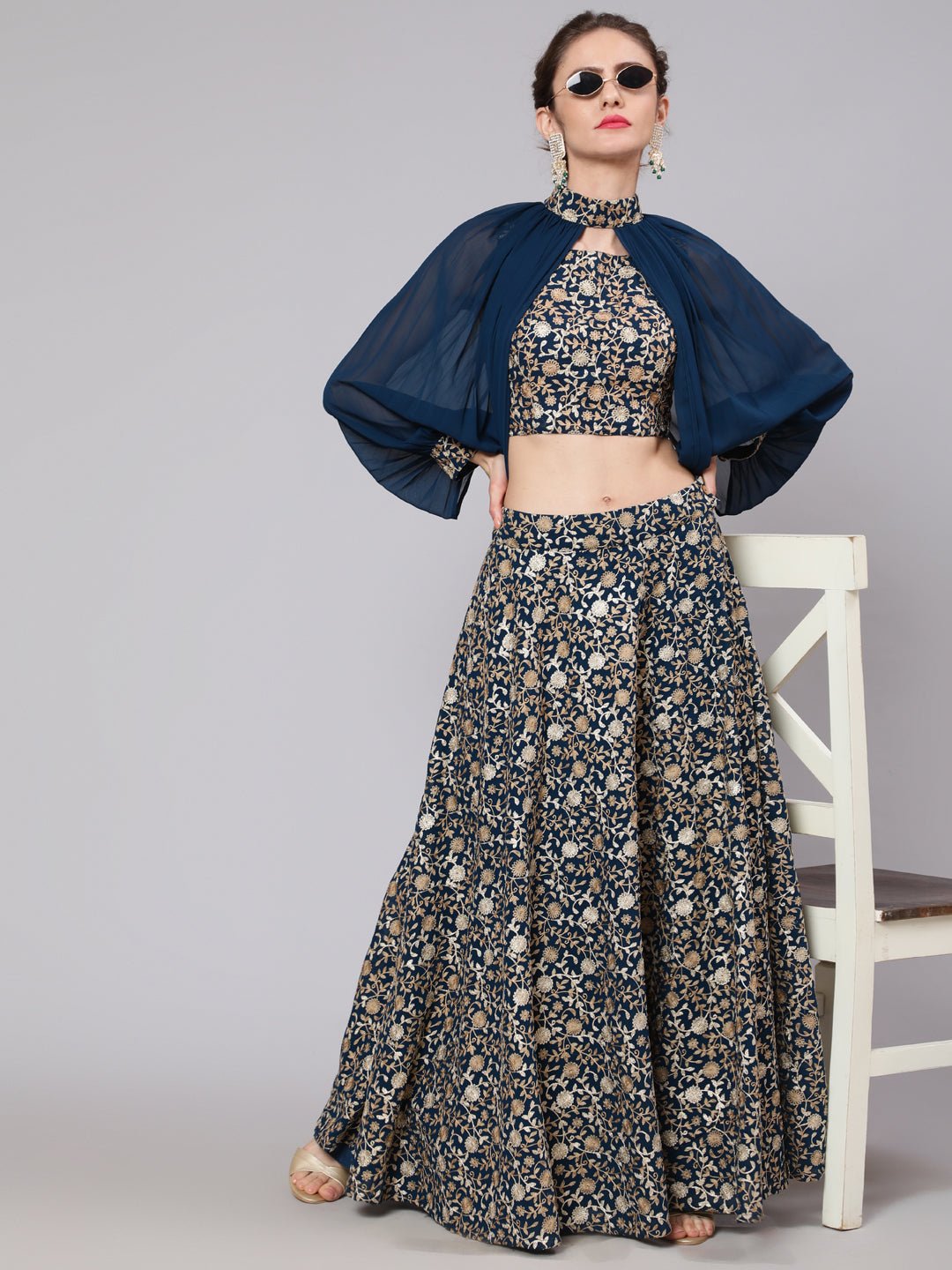 Women's Blue Embroidered Aari Work Lehenga Choli With Cape Sleeve - Aks