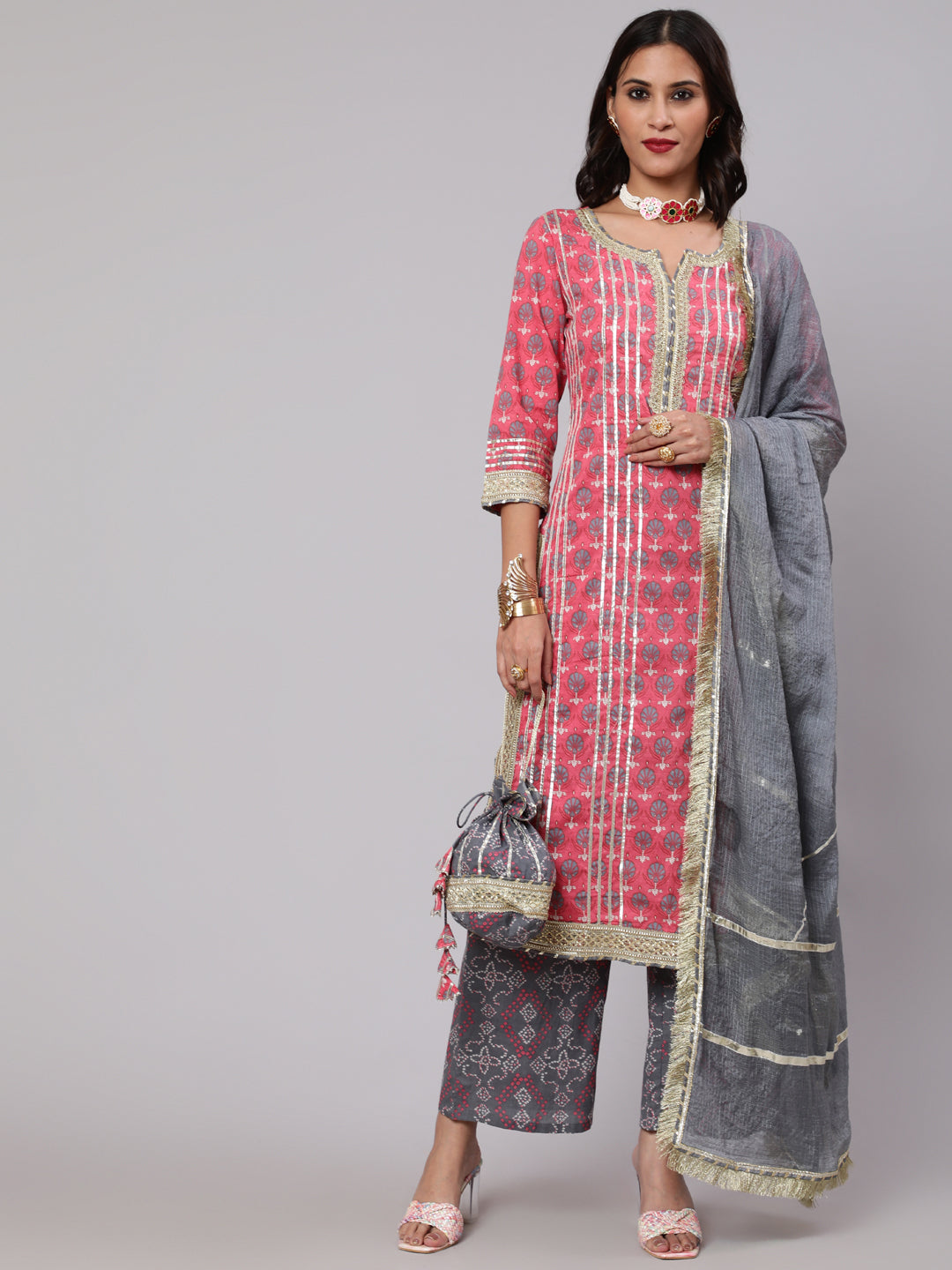 Women's Pink & Grey Floral Printed Lace Work Kurta & Palazzo With Dupatta Set - Aks