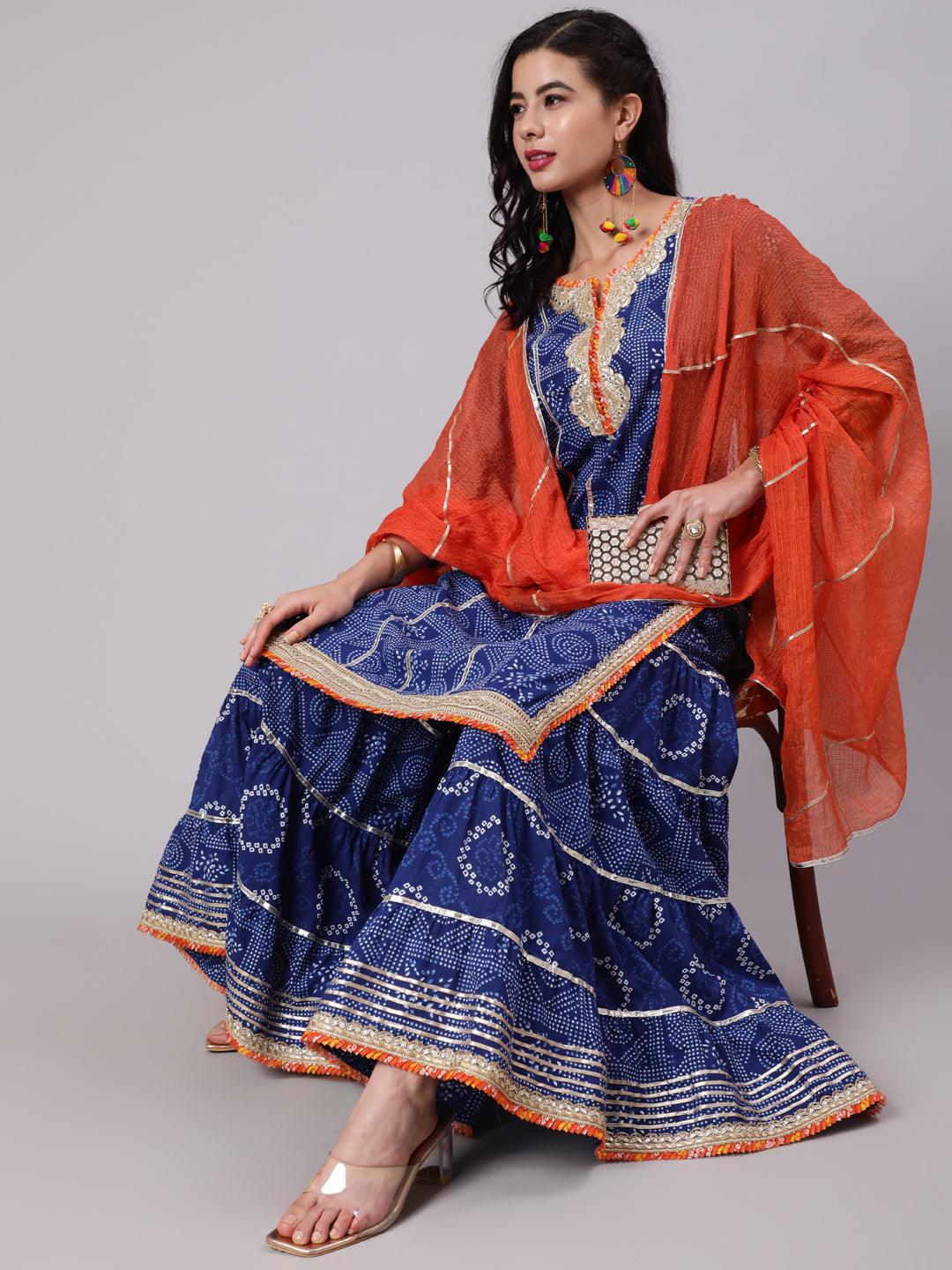 Women's Blue & Orange Bandhani Printed Lace Work Kurta & Sharara With Dupatta Set - Aks