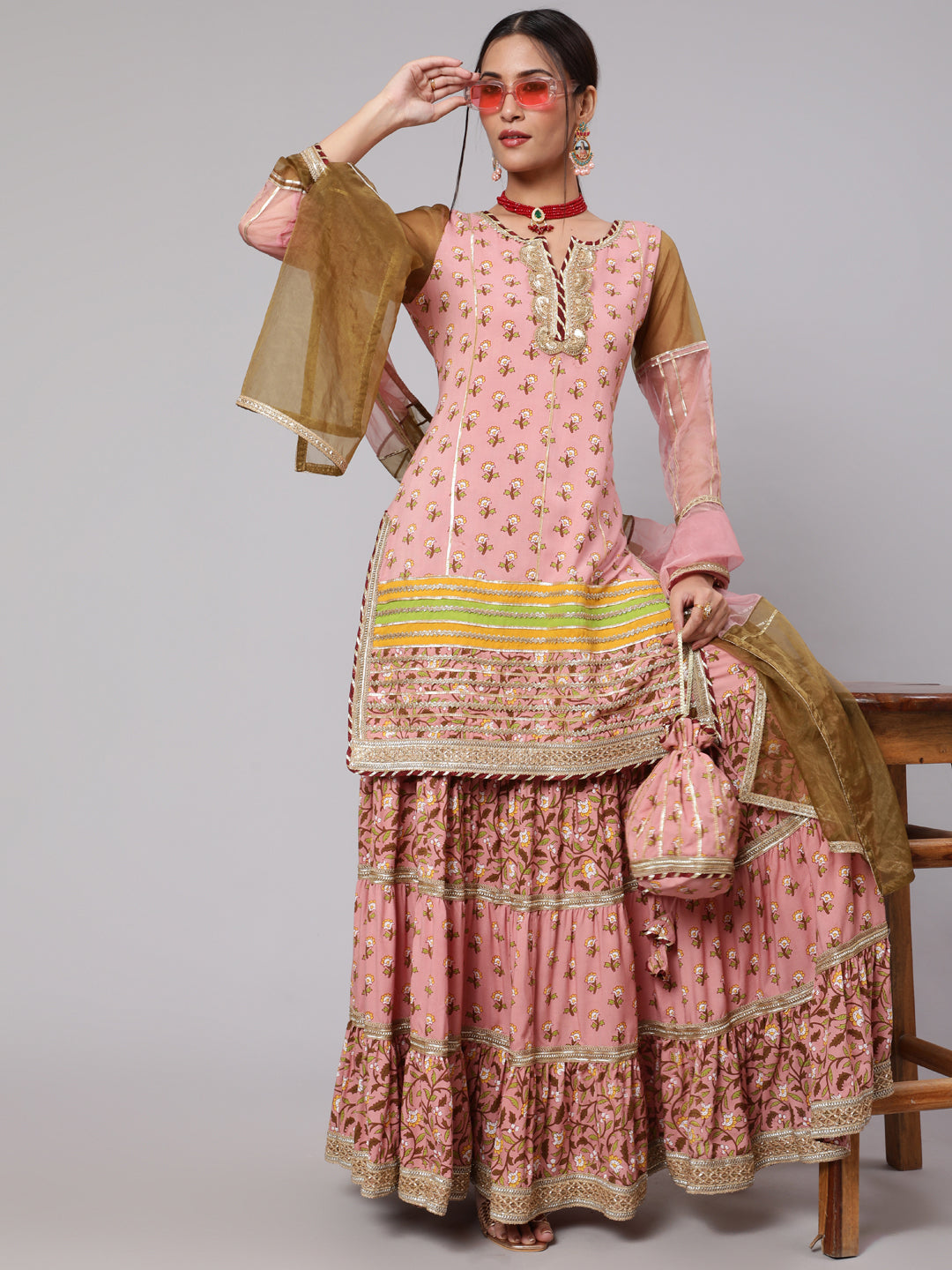 Women's Light Brown & Olive Printed Lace Work Kurta & Sharara With Dupatta & Potali Bag - Aks