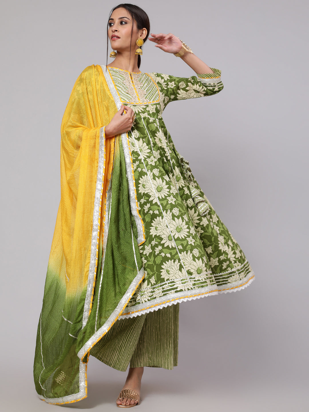 Women's Green & Yellow Floral Printed Lace Work Anarkali & Palazzo With Dupatta Set - Aks