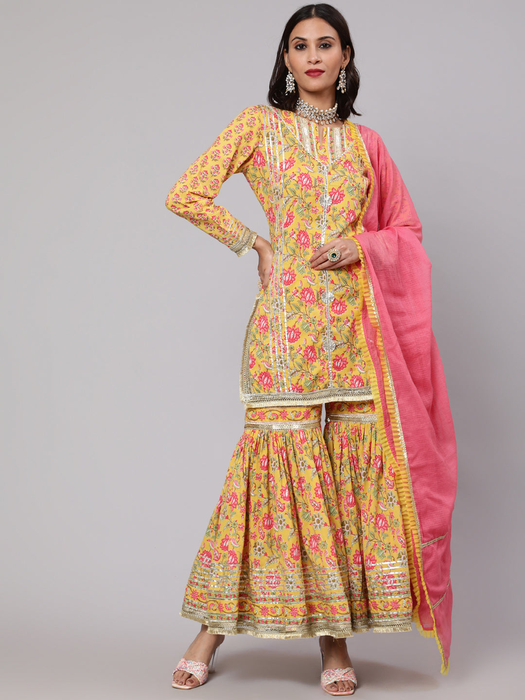 Women's Yellow & Pink Floral Printed Kurta & Sharara With Dupatta Set - Aks