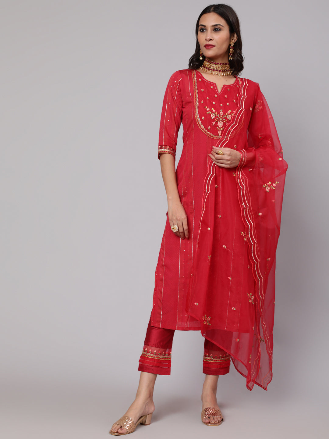 Women's Red Embroidered Kurta & Pant With Organza Dupatta Set - Aks