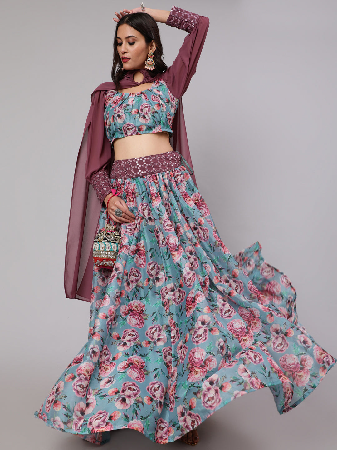 Women's Blue & Burgundy Floral Printed Lehenga Choli With Dupatta Set - Aks