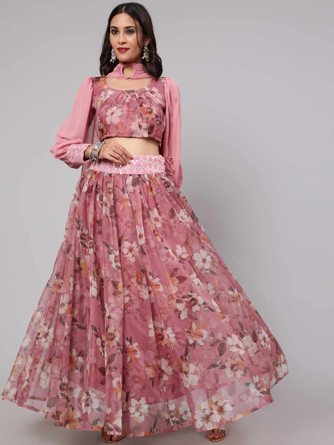 Women's Mauve & Pink Floral Printed Lehenga Choli With Dupatta Set - Aks