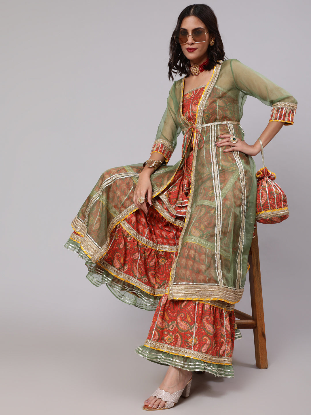 Women's Red & Green Floral Printed Lace Work Kurta & Sharara With Organza Jacket & Potali Bag - Aks