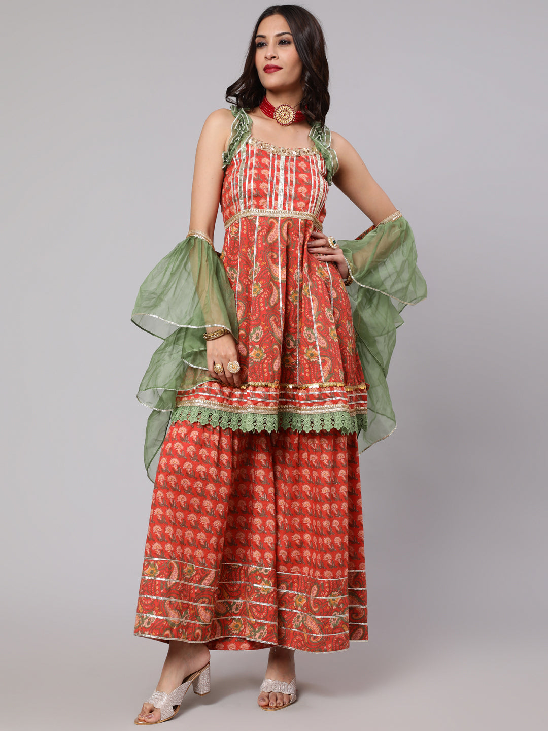 Women's Red & Green Floral Printed Lace Work Kurta & Sharara With Organza Dupatta   - Aks