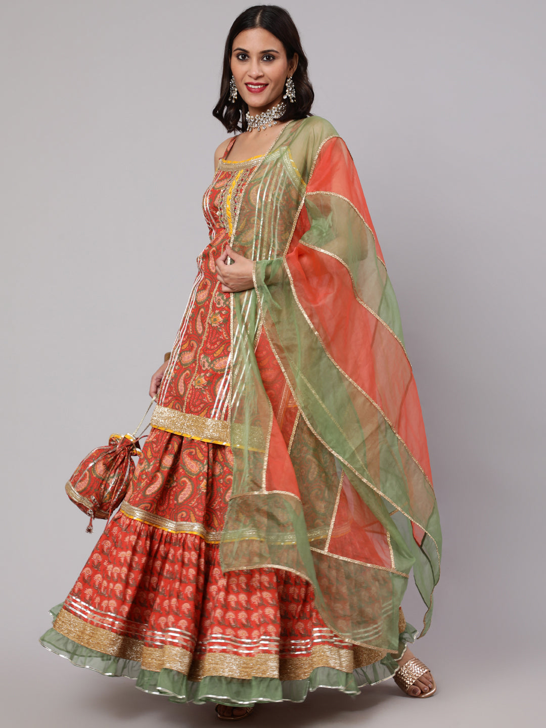 Women's Red & Green Floral Printed Lace Work Kurta & Skirt With Organza Dupatta & Potali Bag - Aks