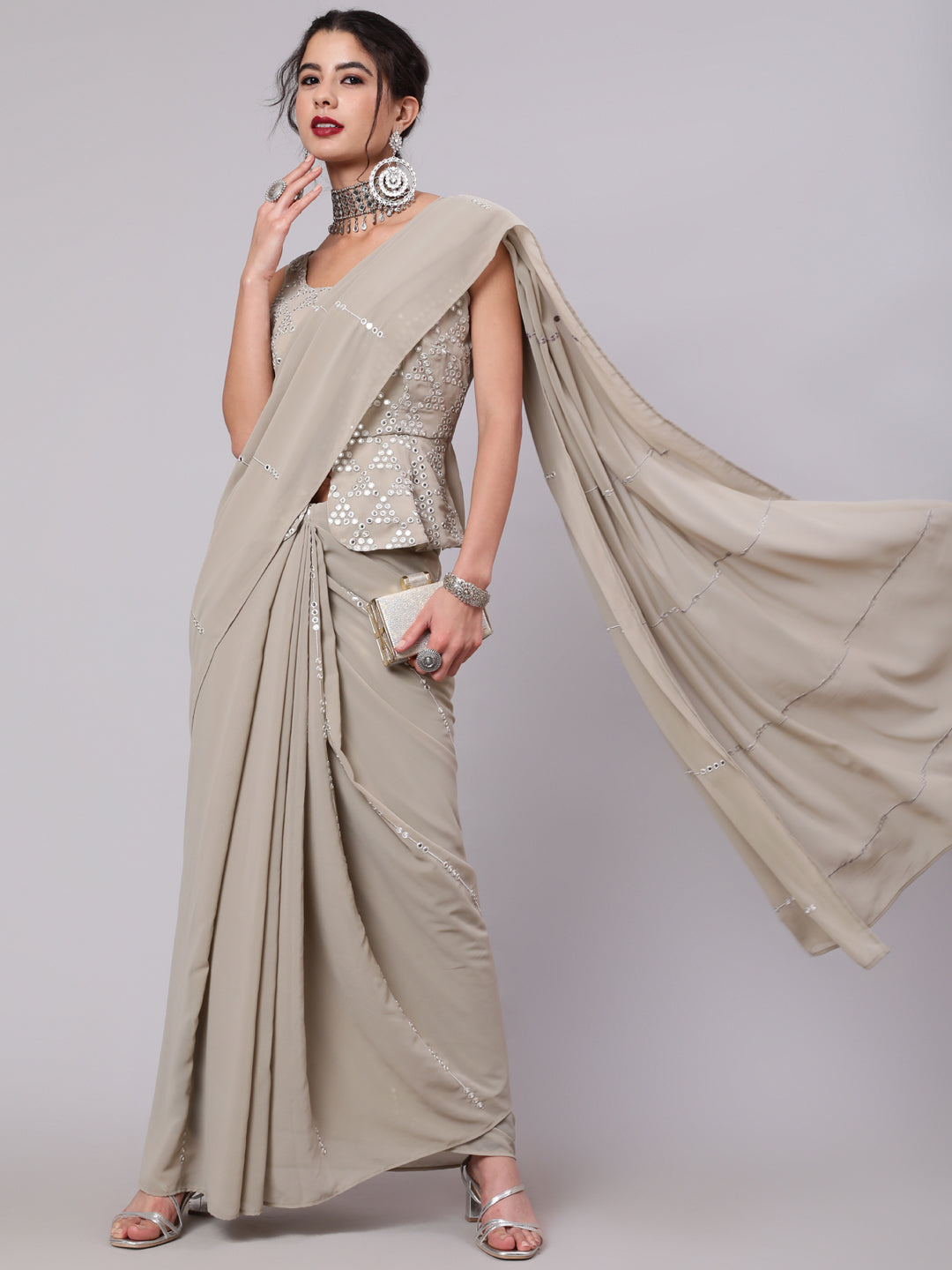 Women's Beige Mirror Work Saree With Blouse - Aks