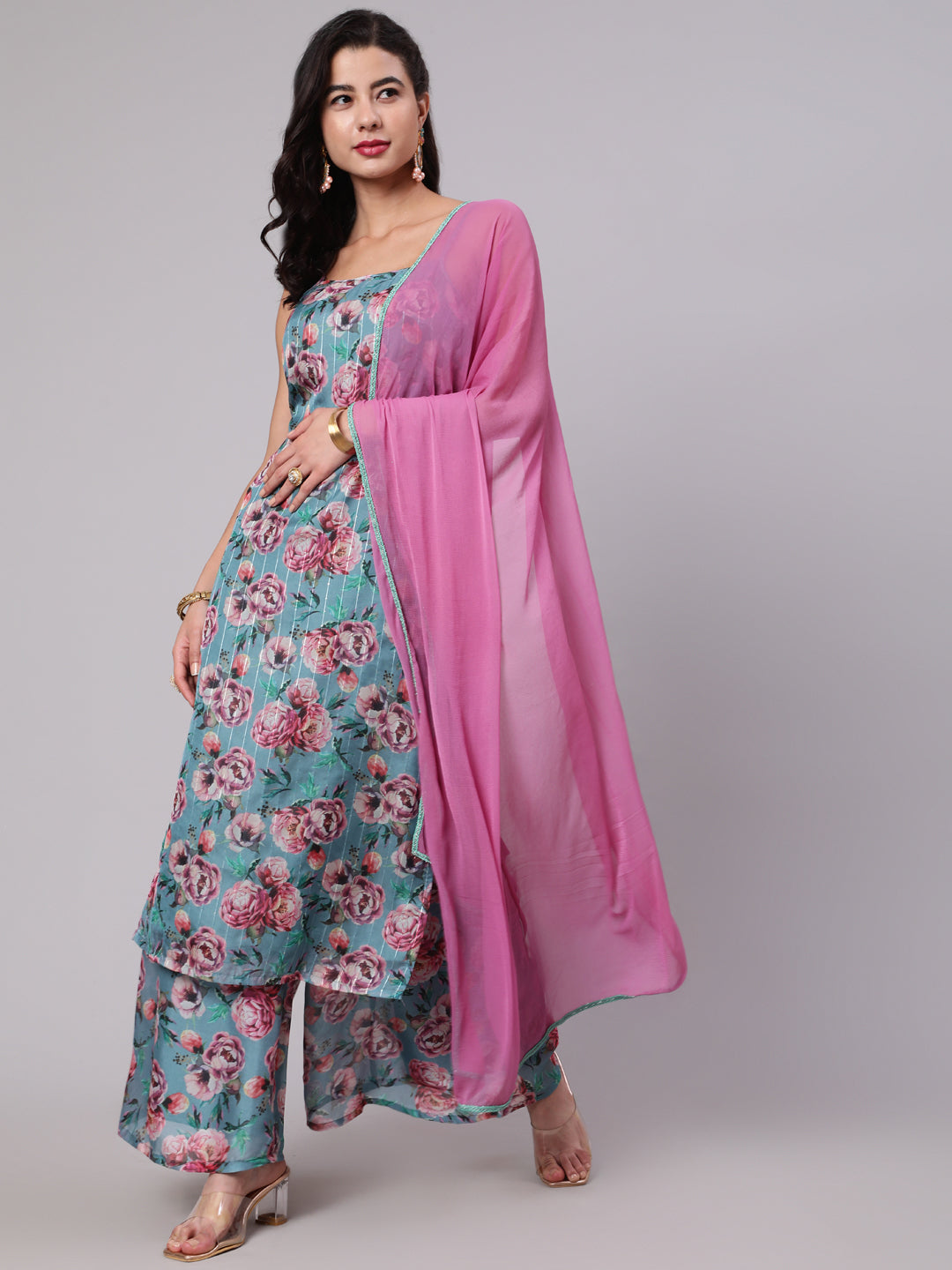 Women's Blue & Pink Floral Printed Kurta & Palazzo With Dupatta Set - Aks