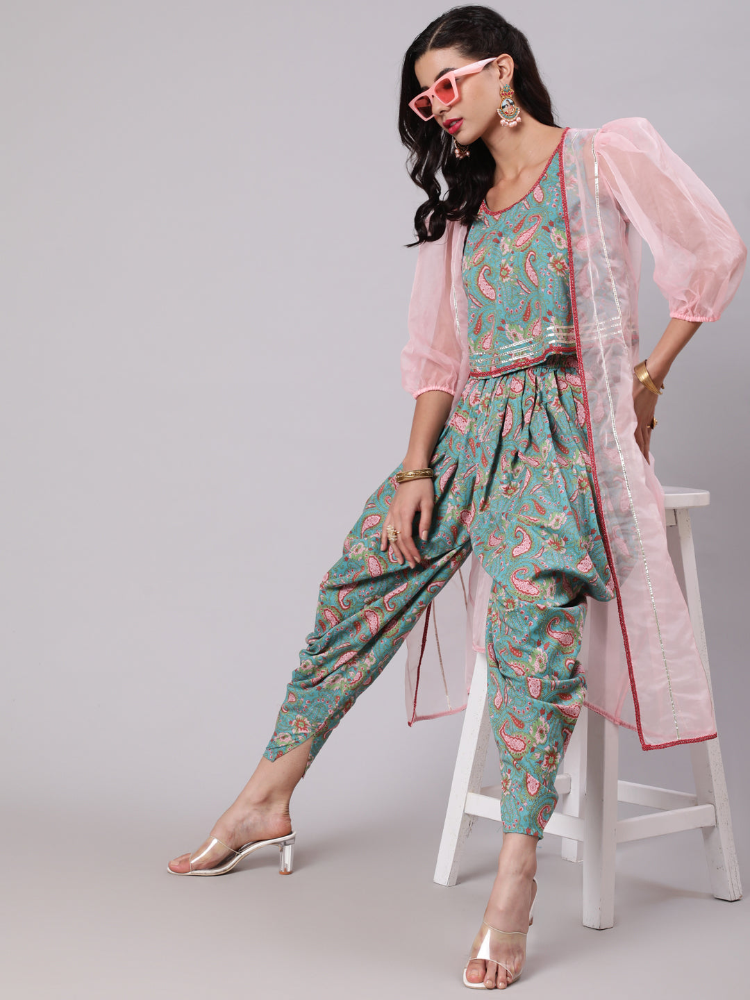 Women's Light Blue & Pink Floral Printed Top & Dhoti With Organza Jacket Set - Aks