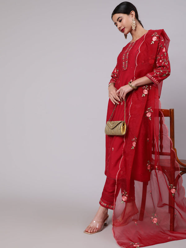 Women's Red Embroidered A-Line Kurta Pant With Dupatta - Aks