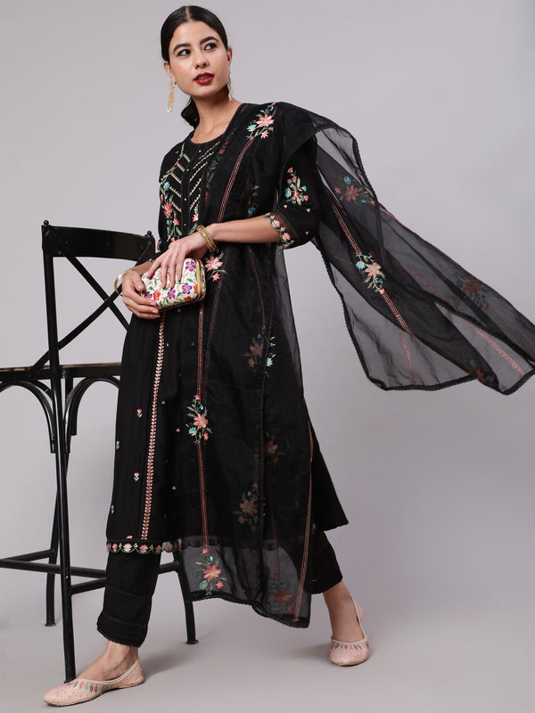 Women's Black Embroidered A-Line Kurta Pant With Dupatta - Aks