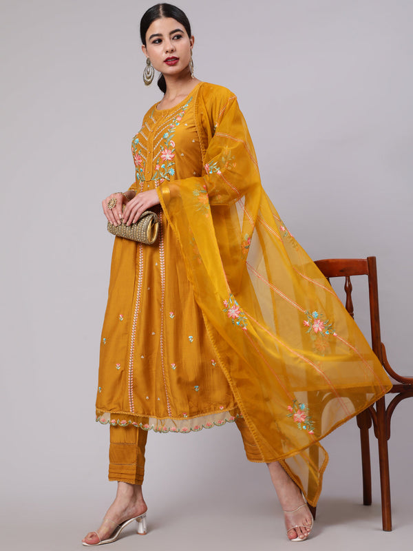 Women's Mustard Embroidered A-Line Kurta Pant With Dupatta - Aks