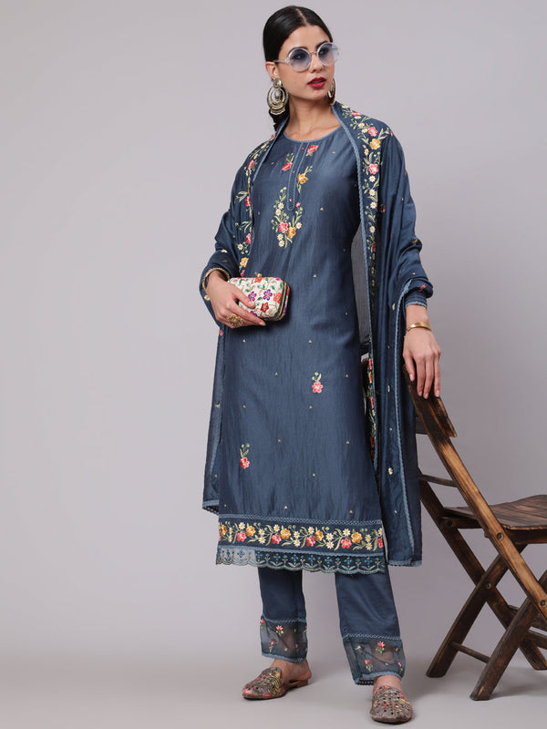 Women's Blue Embroidered Kurta Pant With Dupatta - Aks