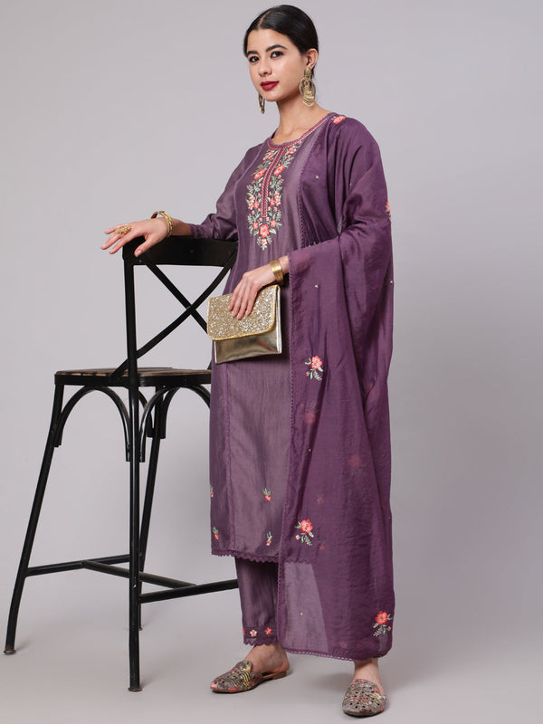 Women's Purple Embroidered Kurta Pant With Dupatta - Aks