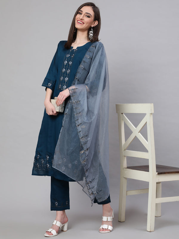 Women's Blue Embroidered Kurta Pant With Dupatta - Aks