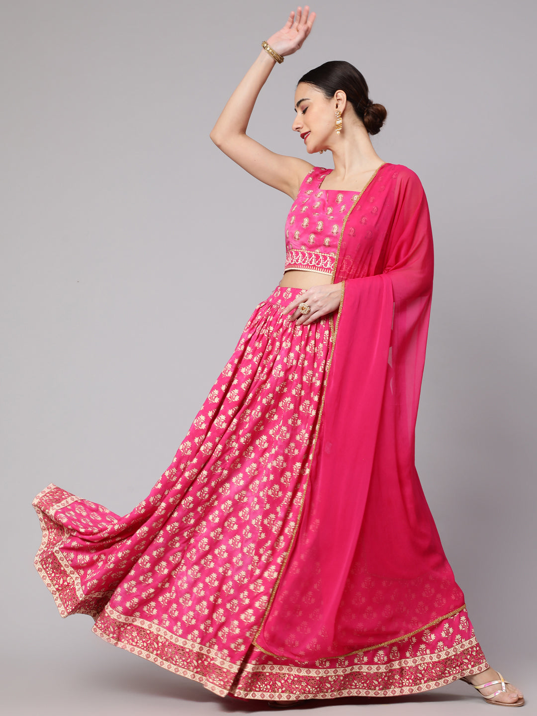 Women's Pink Gold Printed Lehenga Choli With Dupatta Set - Aks