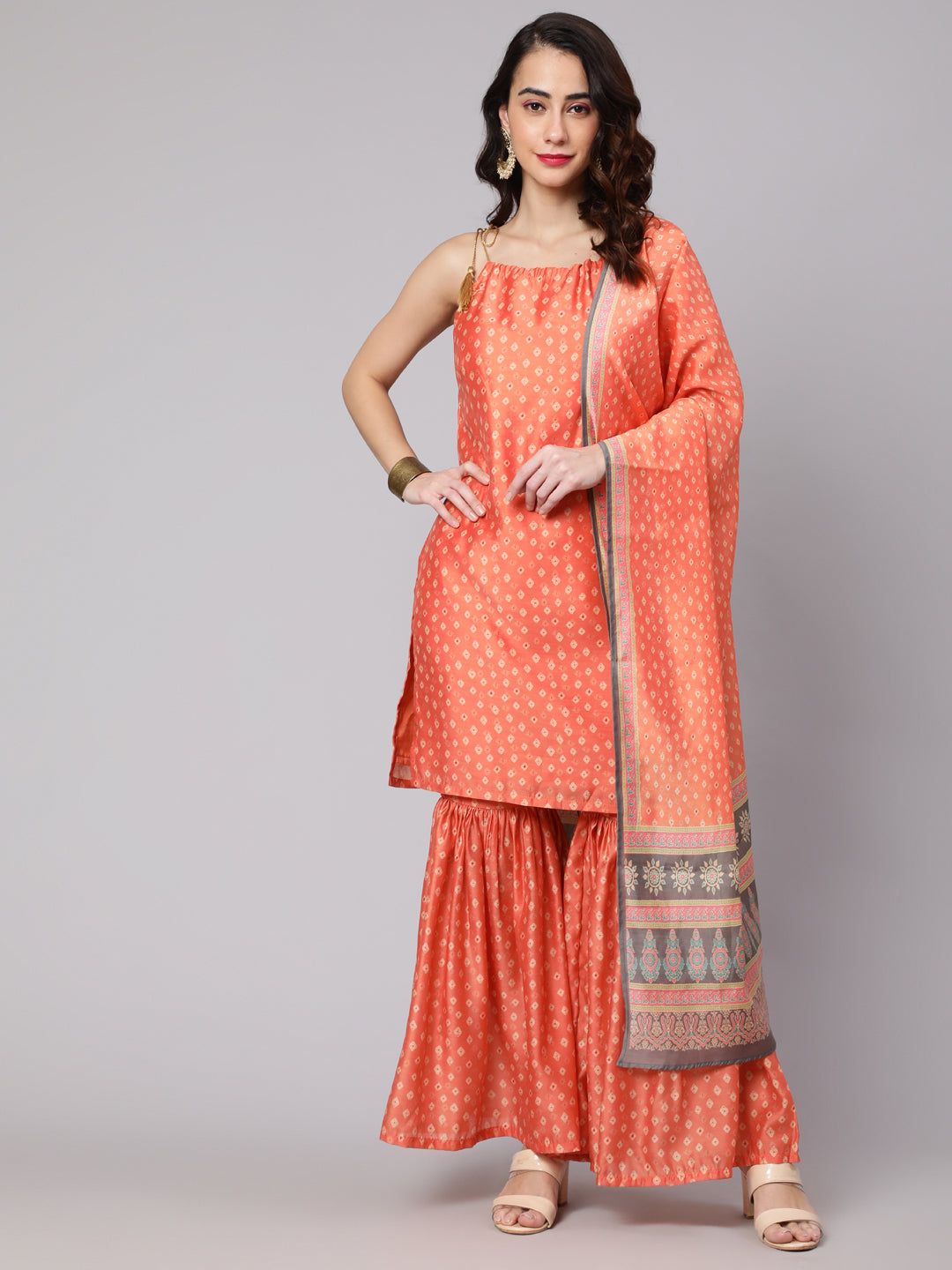 Women's Orange Bandhani Digital Printed Straight Kurta And Sharara With Dupatta Set - Aks