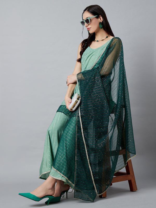 Women's Green Sequin Kurta Sharara With Dupatta - Aks