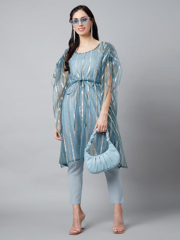 Women's Blue Organza Kaftaan Co Ord Set - Aks