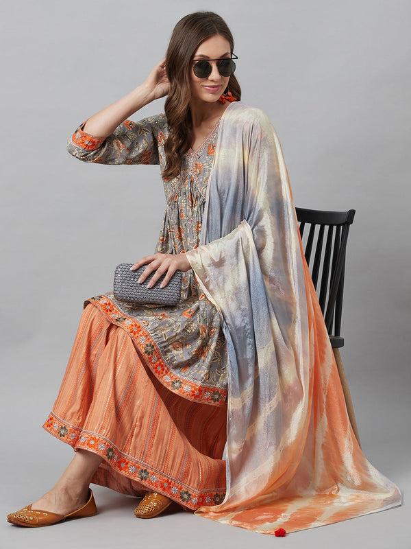 Women's Grey Printed Kurta Palazzo With Dupatta - Aks