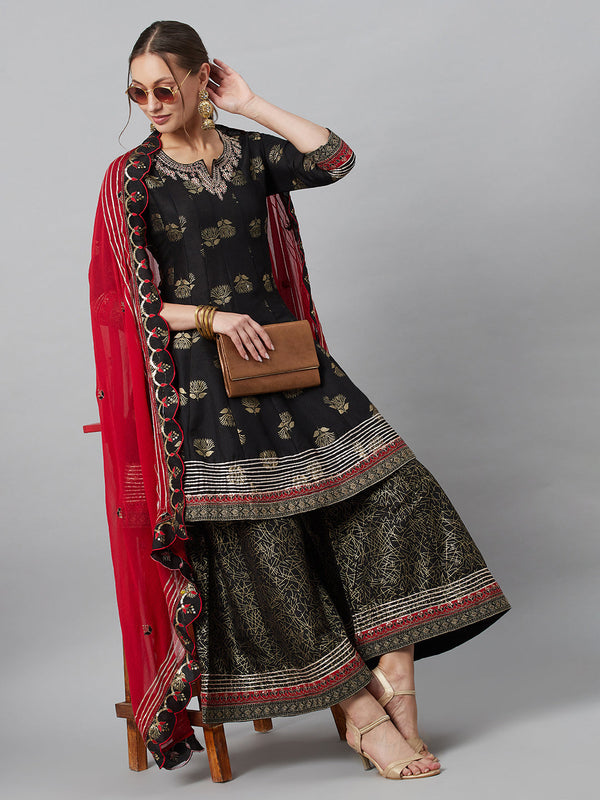 Women's Black Embroidered Kurta Palazzo With Dupatta - Aks