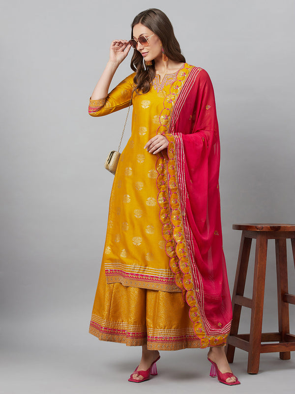 Women's Mustard Embroidered Kurta Palazzo With Dupatta - Aks