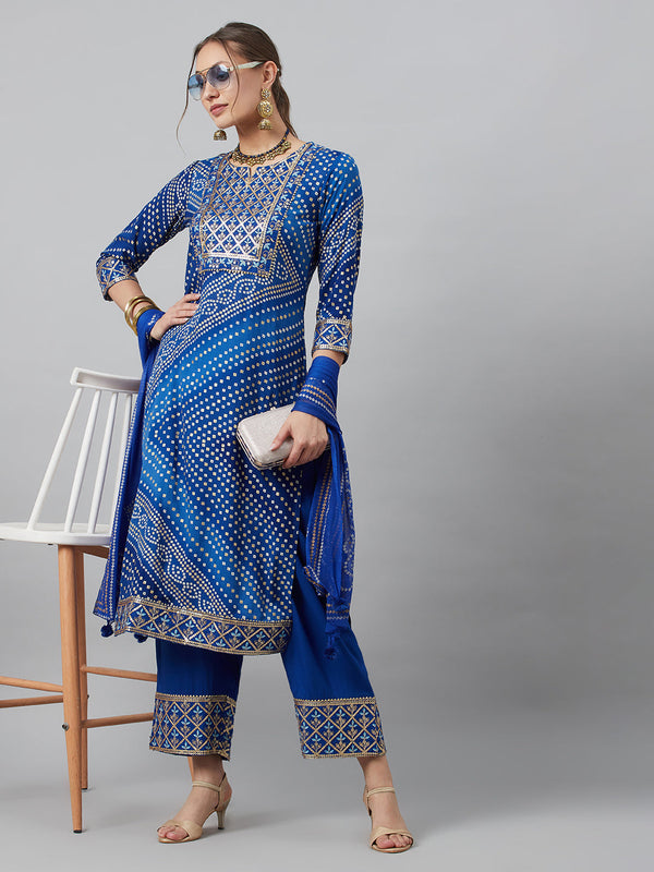 Women's Blue Embroidered Kurta Palazzo With Dupatta - Aks