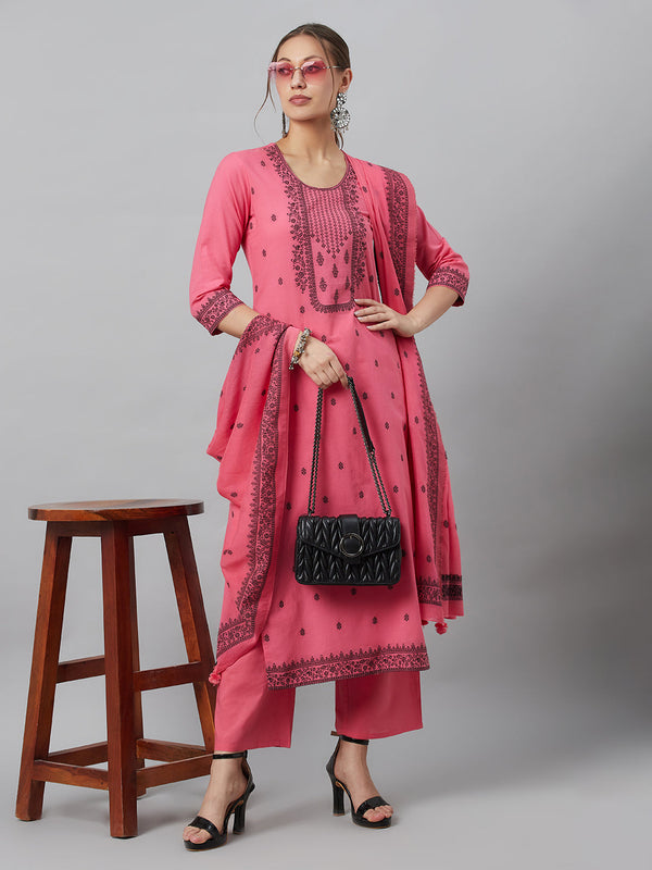 Women's Pink Embroidered Kurta Palazzo With Dupatta - Aks