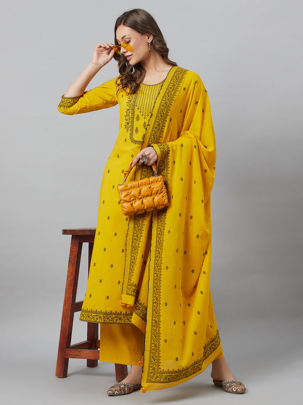 Women's Mustard Embroidered Kurta Palazzo With Dupatta - Aks