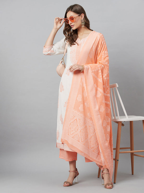 Women's Peach Embroidered Kurta Palazzo With Dupatta - Aks