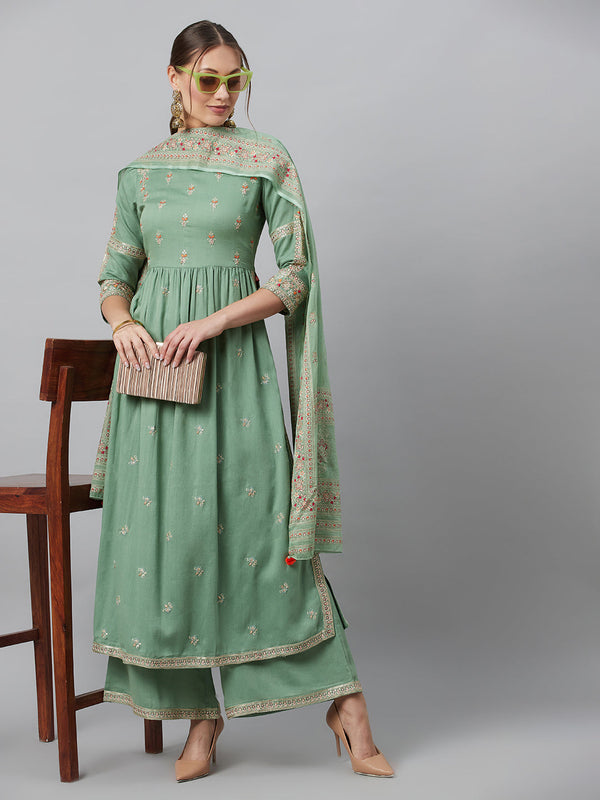 Women's Sea Green Embroidered Gathered Kurta Palazzo With Dupatta - Aks