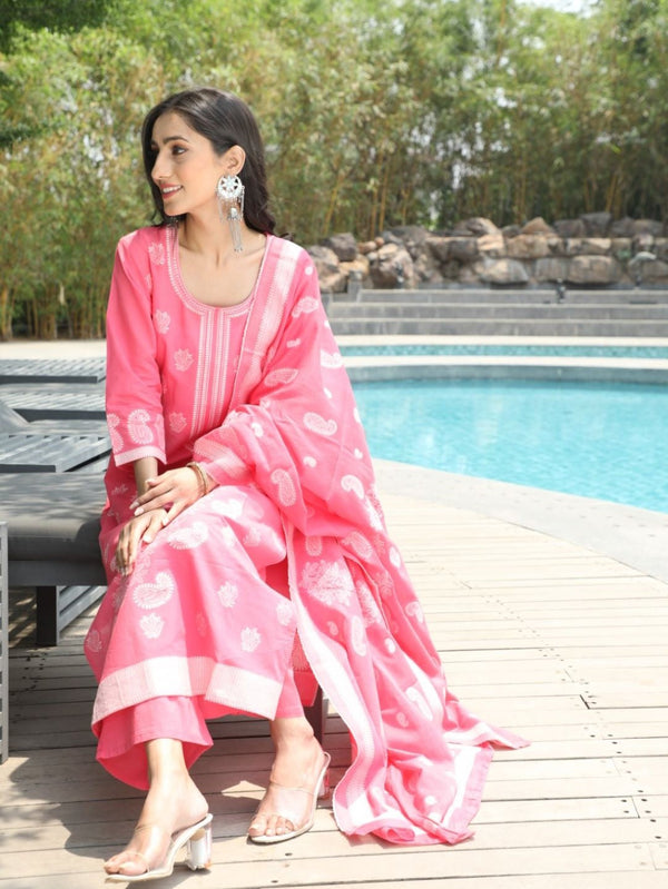 Women's Pink Embroidered Kurta Palazzo With Dupatta - Aks