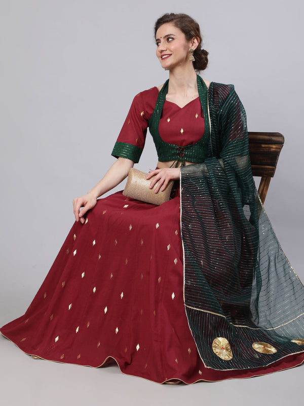 Women's Maroon Woven Designed Lehenga Choli With Dupatta - Aks