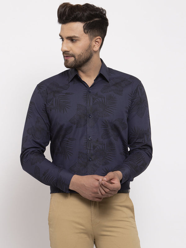 Men's Navy Cotton Printed Formal Shirt's ( SF 775Navy ) - Jainish