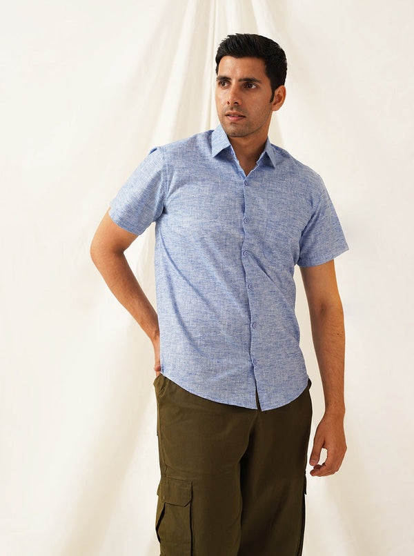 Jashvi Blue Men's Solid Cotton Half Sleeves Formal Shirt