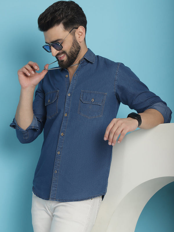 Faded Cotton Denim Casual Shirt