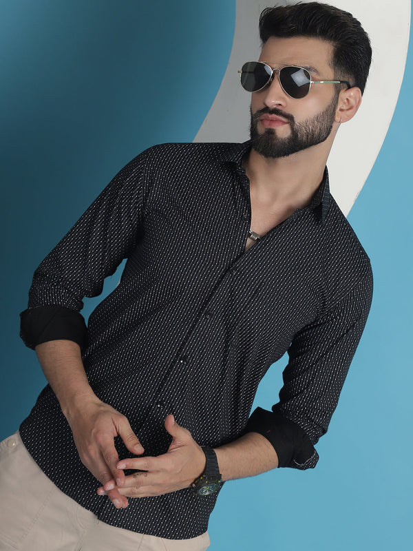 Men's Black Geometric Printed Cotton Casual Shirt - Taantav