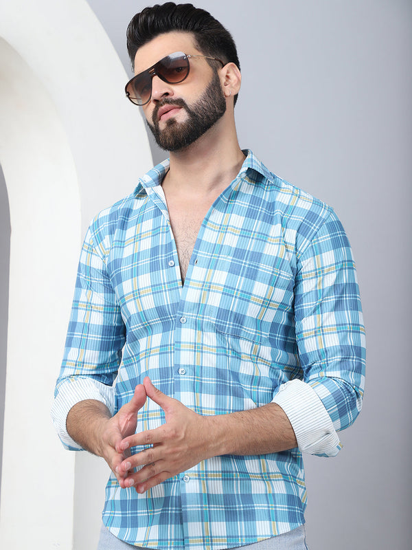 Checked Spread Collar Cotton Casual Shirt for Men