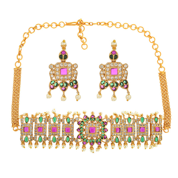 Women's Faux Pearls And Cz Adorned Ethnic Brass Gold Plated Jewellery Set - Voylla