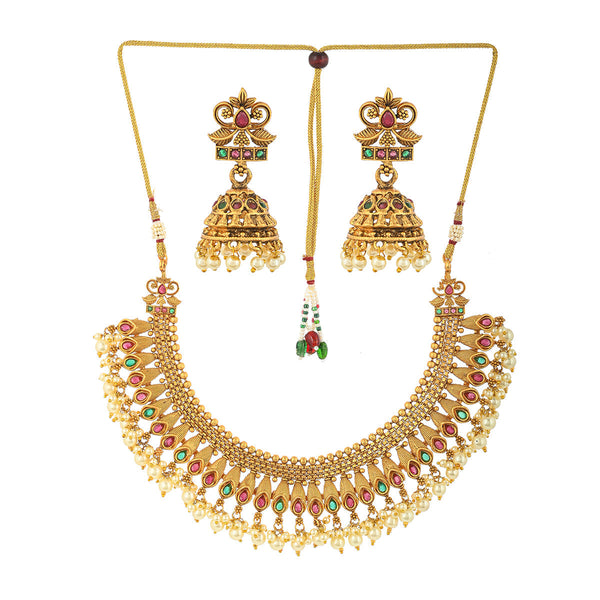 Women's Zircon Gems And Faux Pearls Opulent Yellow Gold Plated Brass Jewellery Set - Voylla