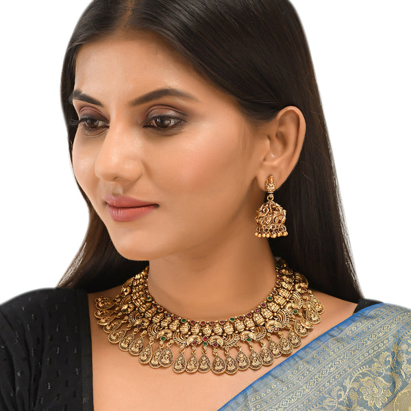 Women's Zircons Adorned Yellow Gold Plated Brass Temple Jewellery Set - Voylla