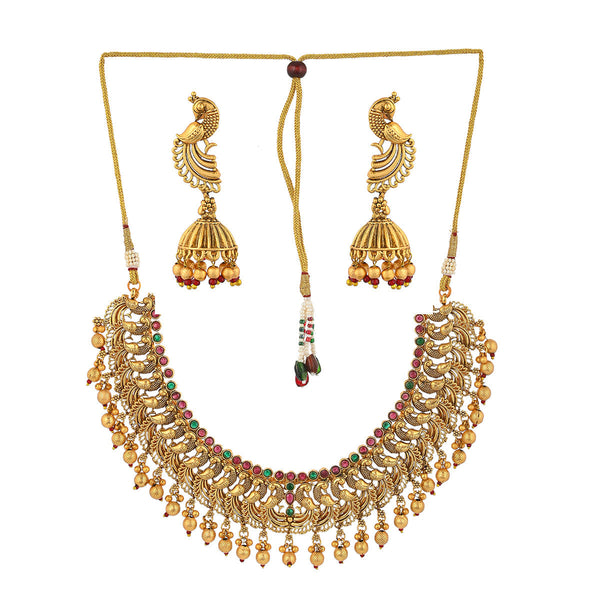 Women's Peacock Motifs Faux Pearls Brass Gold Plated Jewellery Set - Voylla